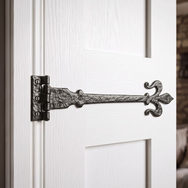The Black Iron Fleur-De-Lys Hinge Pair Shown in a Modern Home.on a White Door - Digital Illustration The Black Iron Fleur-De-Lys Hinge Pair Shown in a Modern Home.on a White Door - Digital Illustration