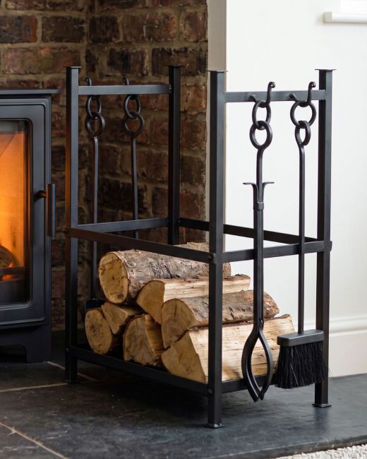 Log Basket with Fireside Tools in Situ by the Fireplace Log Basket with Fireside Tools in Situ by the Fireplace