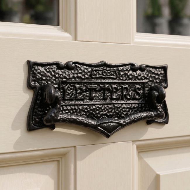 The Black Patterened Letter Plate With Knocker on a Cream Coloured Door Positioned in the Sun - Digital Illustration The Black Patterened Letter Plate With Knocker on a Cream Coloured Door Positioned in the Sun - Digital Illustration