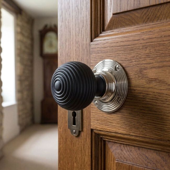 The Black & Polished Nickel Spiral Wooden Door Knob Set on a Wooden Door with a Grandfather Clock in the Background - Digital Illustration The Black & Polished Nickel Spiral Wooden Door Knob Set on a Wooden Door with a Grandfather Clock in the Background - Digital Illustration