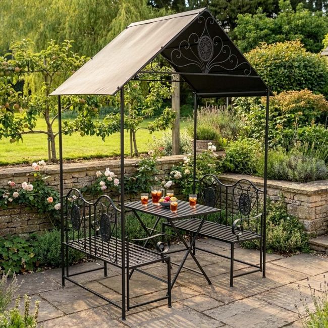 The Black Regency Traditional Metal Garden Canopy Set in a Sunny Walled Garden - Digital Illustration The Black Regency Traditional Metal Garden Canopy Set in a Sunny Walled Garden - Digital Illustration