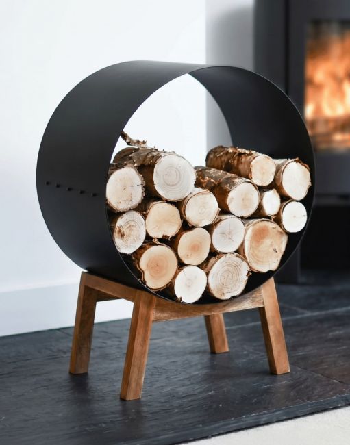 Black Round Steel "Barrel" Log Holder with Wooden Legs Black Round Steel "Barrel" Log Holder with Wooden Legs