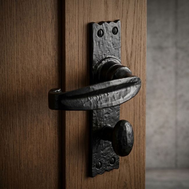 Black Antique Bathroom Door Handles - Rustic Scalloped Privacy Lever Pair on a White Background 