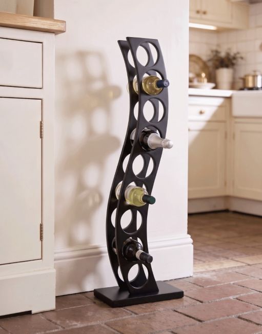 The Black "Serena" Curved Wine Rack Displayed Showing Wine Bottles in a Cream Country Kitchen - Digital Illustration