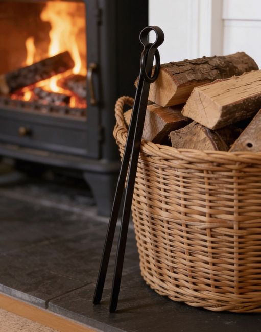 The Black Simplistic Fireside & Firepit Tongs Leaned up against a Log Basket on a Fireplace - Digital Illustration The Black Simplistic Fireside & Firepit Tongs Leaned up against a Log Basket on a Fireplace - Digital Illustration