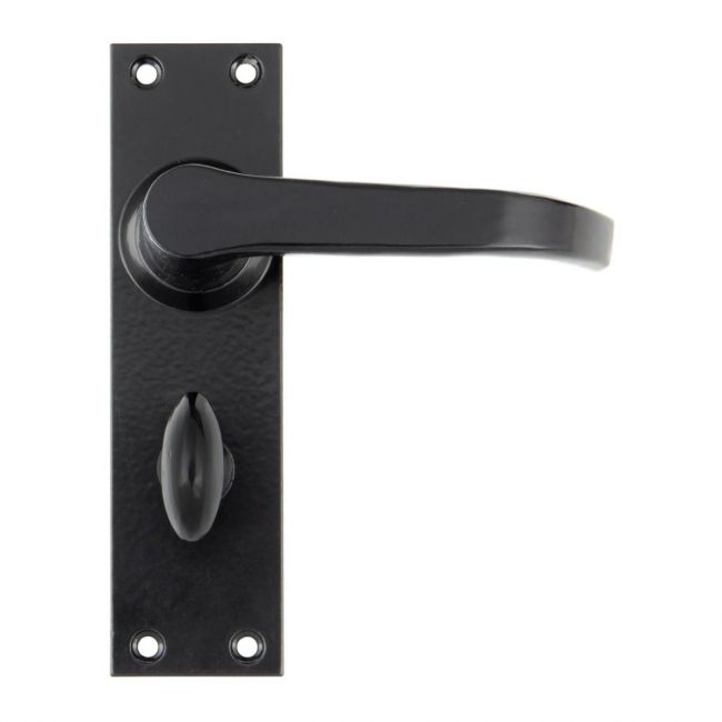 Traditional Curved Privacy Lock Handle Set on Rectangular Backplate - Black