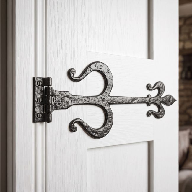 Black Iron Door Hinges with a Traditional Fleur-De-Lys Design