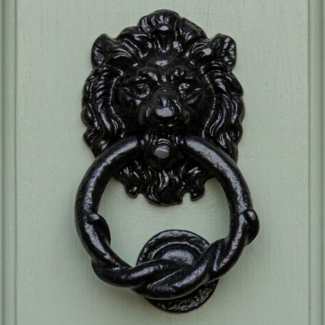 The Black Twisted Handle Lion Door Knocker Shown Close up on a Light Green Door on the Front of a Period Home - Digital Illustration