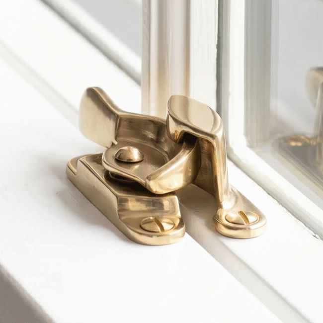 The Brass Fitch Sash Window Fastener Shown Fitted on a Classic White Home Window - Digital Illustration 