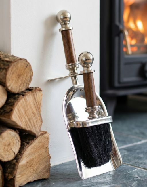 Fireplace cleaning set, finished in chrome & hardwood Fireplace cleaning set, finished in chrome & hardwood