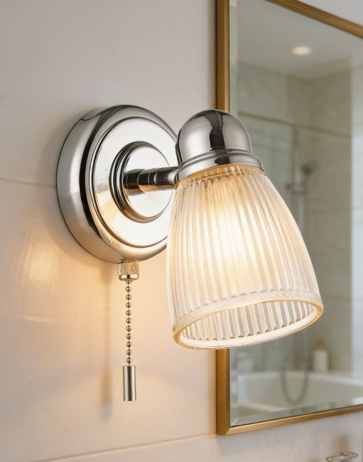 The Bright Chrome Bathroom Wall Light With Ribbed Glass Shade Fitted to a White Tile Wall - Digital Illustration The Bright Chrome Bathroom Wall Light With Ribbed Glass Shade Fitted to a White Tile Wall - Digital Illustration