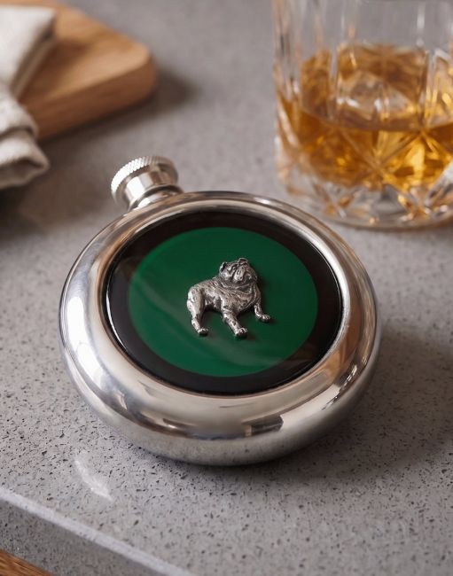 The Bulldog Whiskey Flask on a Modern Counter top Next to a Glass of Scotch - Digital Illustration 