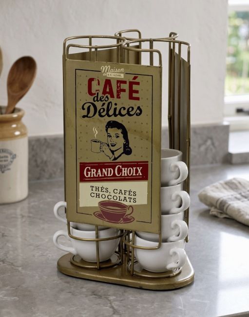 The Cafe Cup Holder with Vintage Detailing on a Marble Effect Kitchen Counter - Digital Illustration