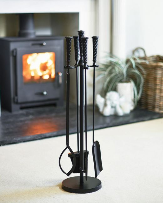 "The Capulum" Classic Black Companion Set In A Fireside Setting "The Capulum" Classic Black Companion Set In A Fireside Setting