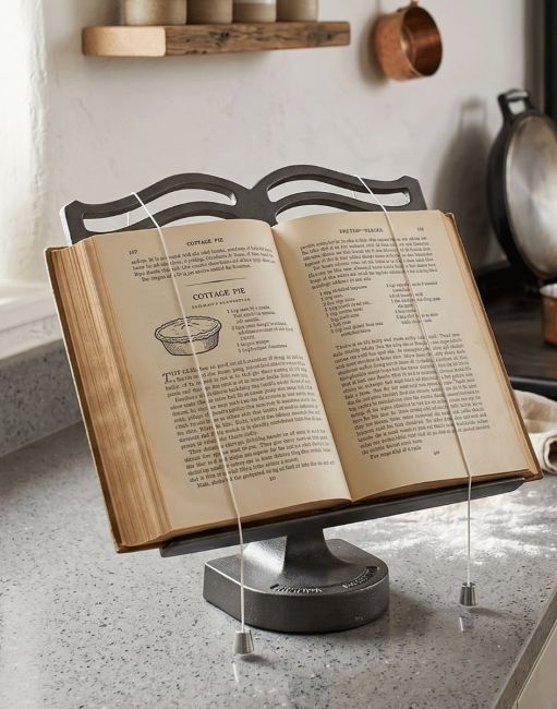 The Cast Iron Cook Book Stand in a Graphite Finish on a Kitchen Countertop next to Baking Products - Digital Illustration 