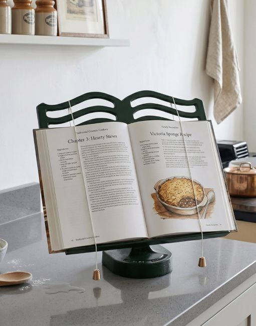 The Cast Iron Cook Book Stand in Green Holding a Recipe Book in a Decorative Kitchen - Digital Illustration