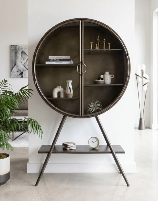 The Circular Industrial Freestanding Cabinet In a Modern Home Displaying Ornaments and Books - Digital Illustration
