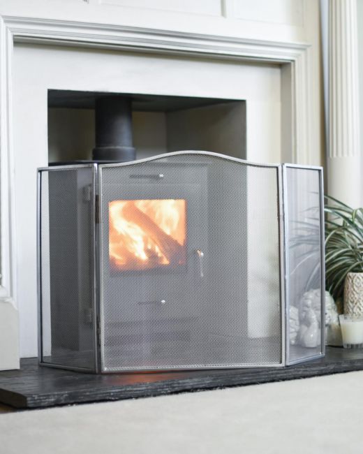 "The Clara" Silver Fire Guard In A Fireside Setting "The Clara" Silver Fire Guard In A Fireside Setting