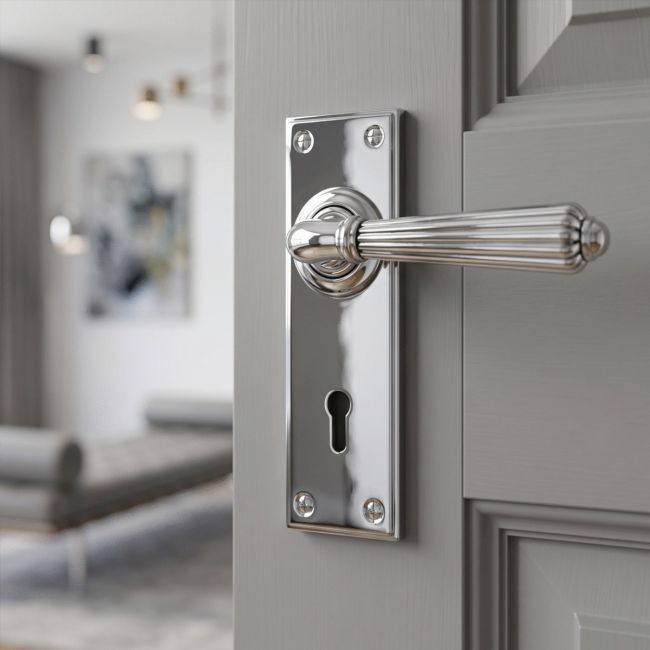 The Polished Chrome Classic Fluted Period Lever Lock Suite Architectural Door Handle Set