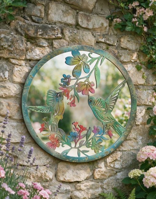 Digital Illustration of the Colourful Hummingbird Mirror Garden Wall Art Mounted on a White Wall Digital Illustration of the Colourful Hummingbird Mirror Garden Wall Art Mounted on a White Wall