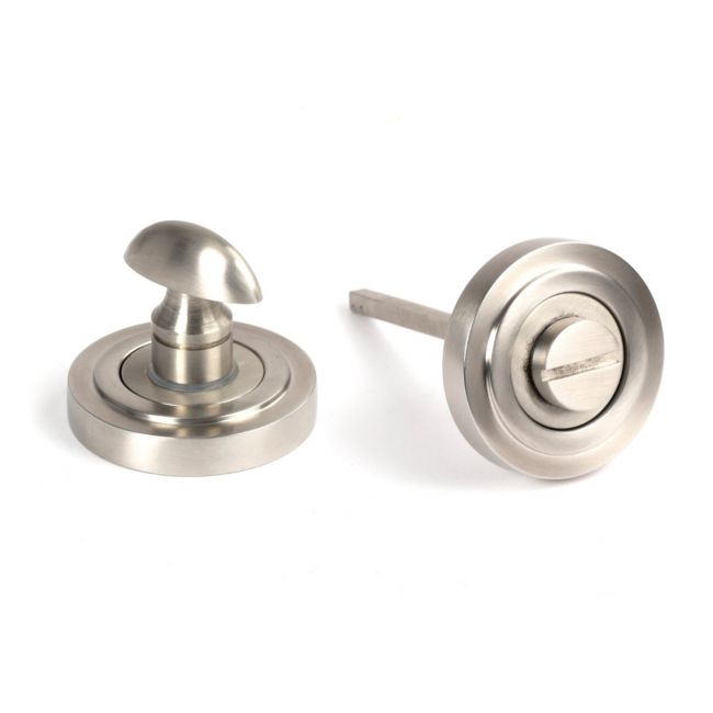 The Concealed Art Deco Bathroom Turn & Release Set in Satin Stainless Steel Showing the Front and the Back Section Side by Side