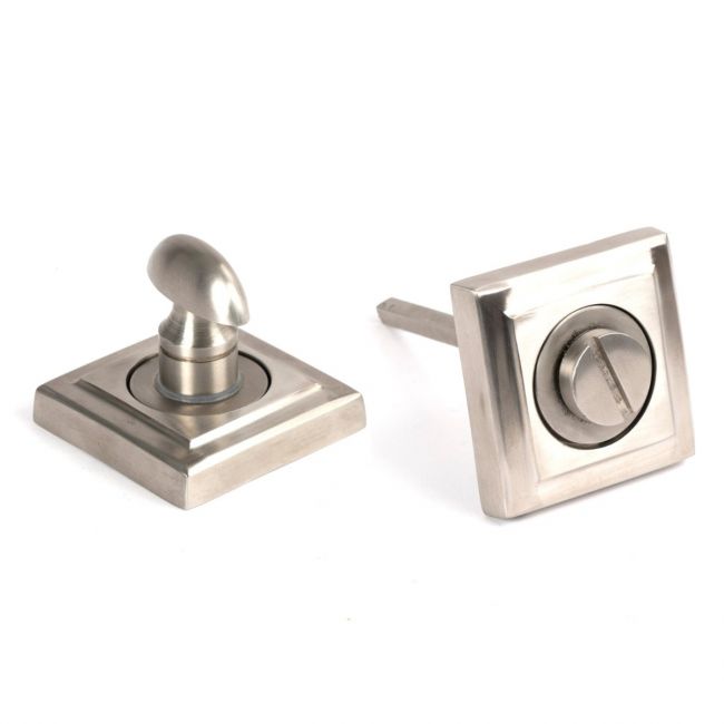 The Concealed Square Bathroom Turn & Release Set in Satin Stainless Steel Showing the Front and the Back Section Side by Side