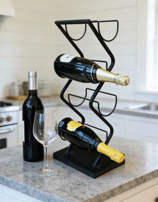 The Contemporary "Zig-Zag" Wine Rack Positioned on a Marble Effect Worktop in a Modern Kitchen - Digital Illustration The Contemporary "Zig-Zag" Wine Rack Positioned on a Marble Effect Worktop in a Modern Kitchen - Digital Illustration