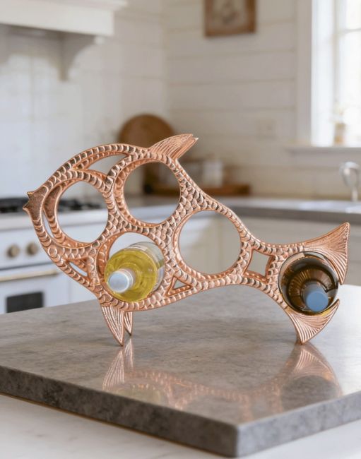 The Copper "Fish" Wine Rack Displayed on a Modern Kitchen Work Surface - Digital Illustration 
