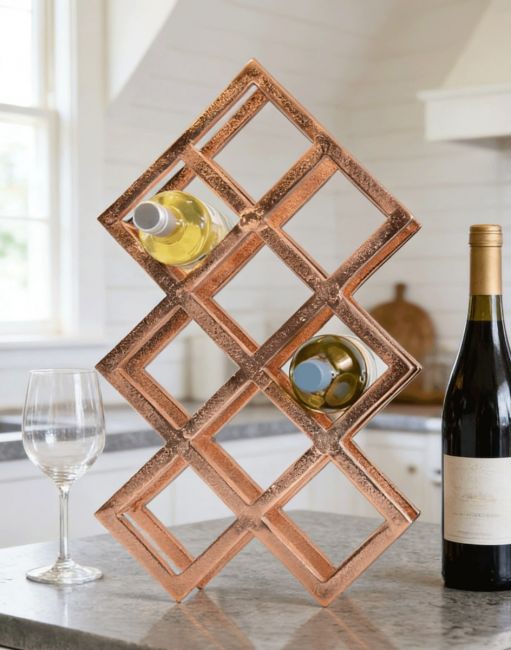 The Copper "Geometric" 9 Bottle Wine Rack on a Marble Effect Countertop on a Modern Kitchen Island - Digital Illustration
