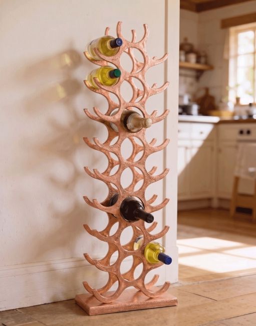 The Copper "Napa Valley" 27 Bottle Wine Rack on a Wooden Floor next to a Sunny Cream Coloured Country Kitchen - Digital Illustration