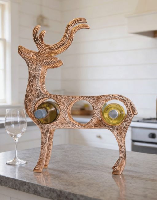 The Copper "Stag" Wine Rack in a Tiled Kitchen Placed on a Modern Kitchen Island - Digital Illustration 