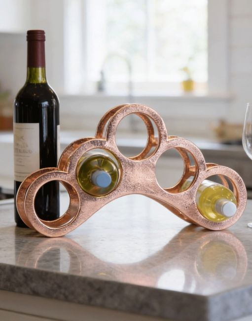 The Copper "The Arch" Wine Rack on a Modern Kitchen Countertop with a Wine Bottle Next to it - Digital Illustration
