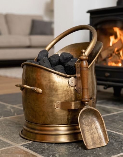 The Coven Antique Bronze Finish Coal Scuttle with Shovel on a Stone Tiled Floor Next to a Log Burner - Digital Illustration The Coven Antique Bronze Finish Coal Scuttle with Shovel on a Stone Tiled Floor Next to a Log Burner - Digital Illustration