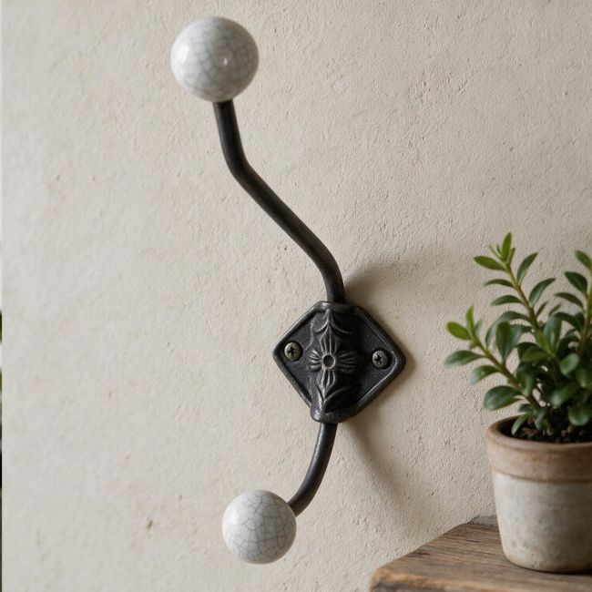 Large Iron Coat Hook With Cracked Ceramic Tips