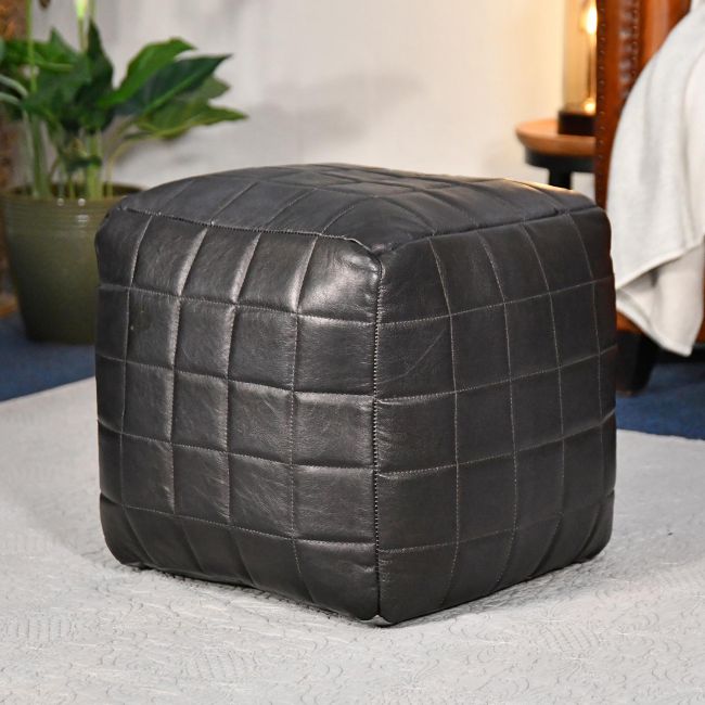 "The Cranborne" Black Leather Square Pouffe in Situ "The Cranborne" Black Leather Square Pouffe in Situ
