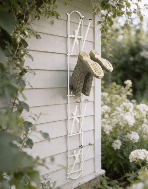 The Cream Brackenfell 4 Pair Wall Mounted Boot Rack Fixed to a Wooden Exterior Garden Wall - Digital Illustration 