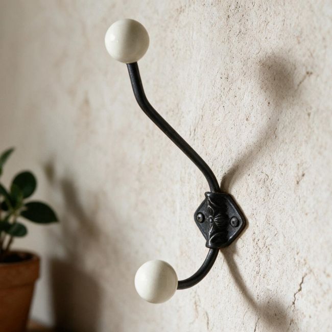 Large Iron Coat Hook With Cream Ceramic Tips
