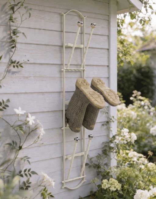 The Cream Lingfield Park 3 Pair Wall Mounted Boot Rack Mounted on a Wooden Exterior Wall - Digital Illustration