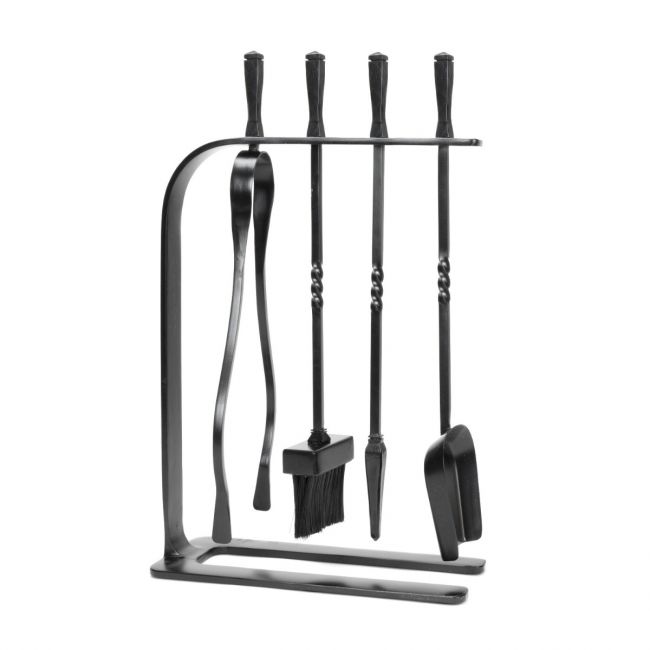 The Crescent Fireside Companion Set with Classic Handles in Matt Black Shown Stood up on a White Background