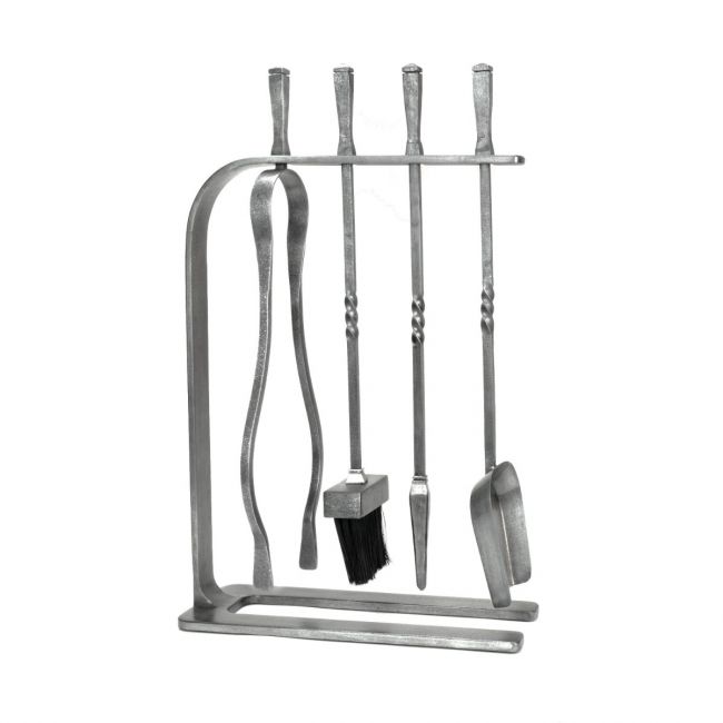 The Crescent Fireside Companion Set with Classic Handles in Pewter Shown Stood up on a White Background