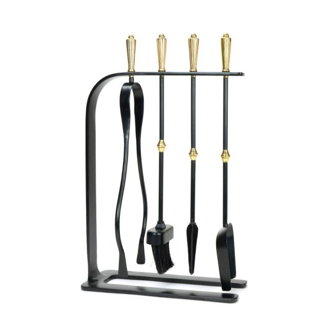 The Crescent Fireside Companion Set with Golden Reeded Handles in Matt Black Shown Stood up on a White Background