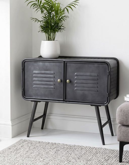 The Dark Grey Retro Inspired Cabinet in a White Living Room in a Modern Home - Digital Illustration