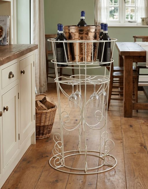 The Deluxe "Lynelle" in a Cream Finish Floor Standing Wine & Glass Rack Placed in a Countryside Cottage Kitchen - Digital Illustration 