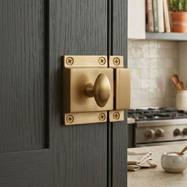 The Deluxe Satin Brass Oval Cabinet Latch Mounted on a on a Charcoal Coloured Kitchen Cupboard