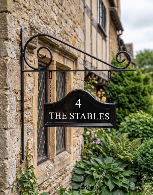 The Double Sided Classic Black House Name Sign with Vinyl Lettering Mounted on a Country Cottage - Digital Illustration The Double Sided Classic Black House Name Sign with Vinyl Lettering Mounted on a Country Cottage - Digital Illustration