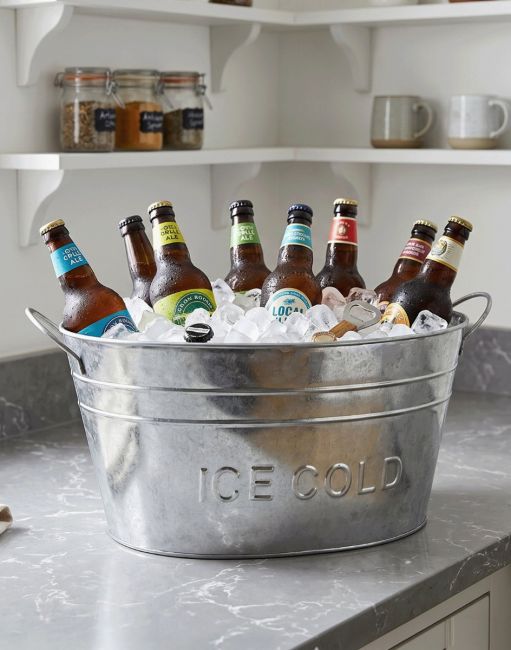 The Drinks Cooler Crafted from Galvanised Steel Displayed with Ice Chilling some Beers - Digital Illustration