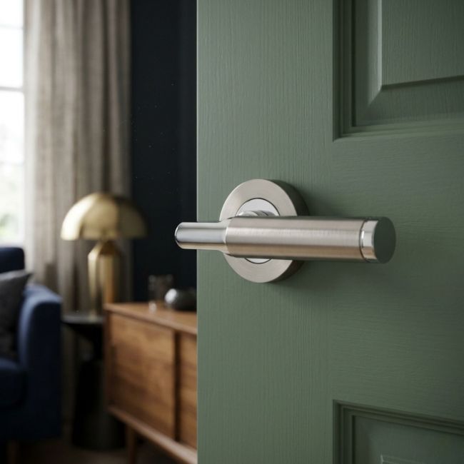 The Dual-Tone Satin and Polished Chrome Round Rose Door Handles - Lever Pair on a White Background