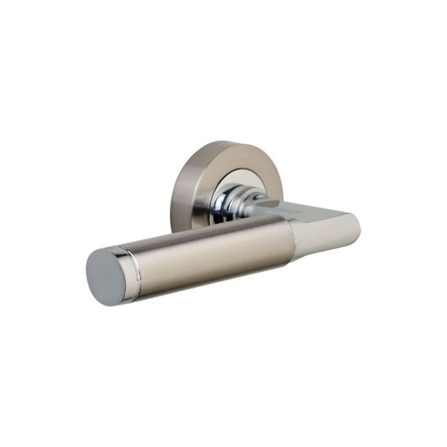 The Dual-Tone Satin and Polished Chrome Round Rose Door Handles - Lever Pair on a White Background