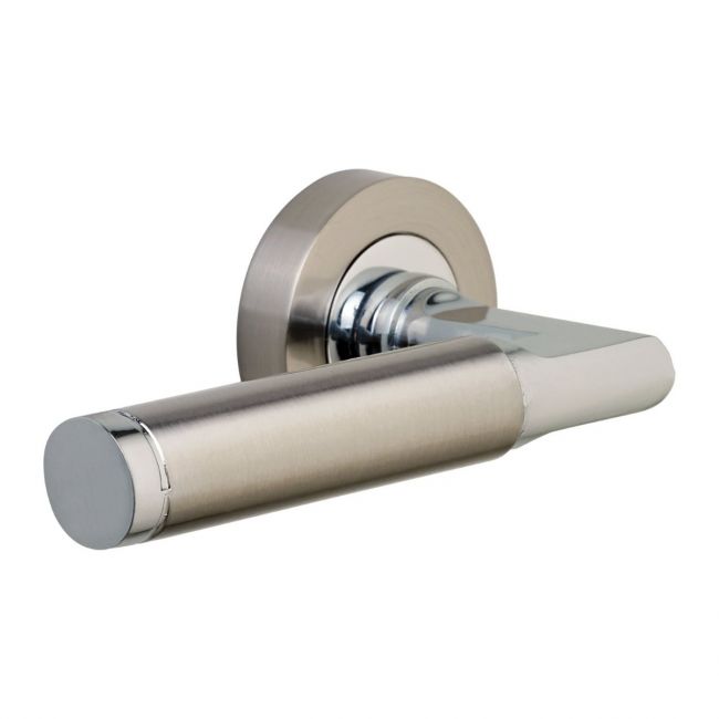 The Dual-Tone Satin and Polished Chrome Round Rose Door Handles - Lever Pair on a White Background