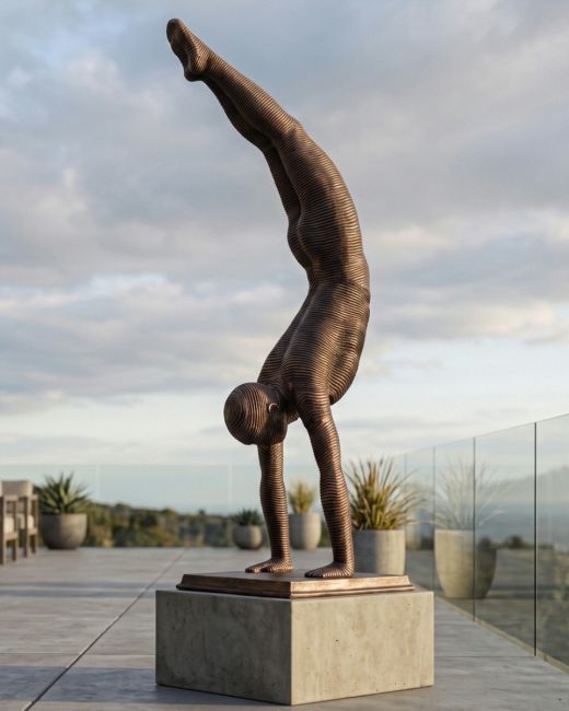The Equilibrium Handstand Garden Sculpture in Copper in a Modern Garden on a Raised Plinth - Digital Illustration